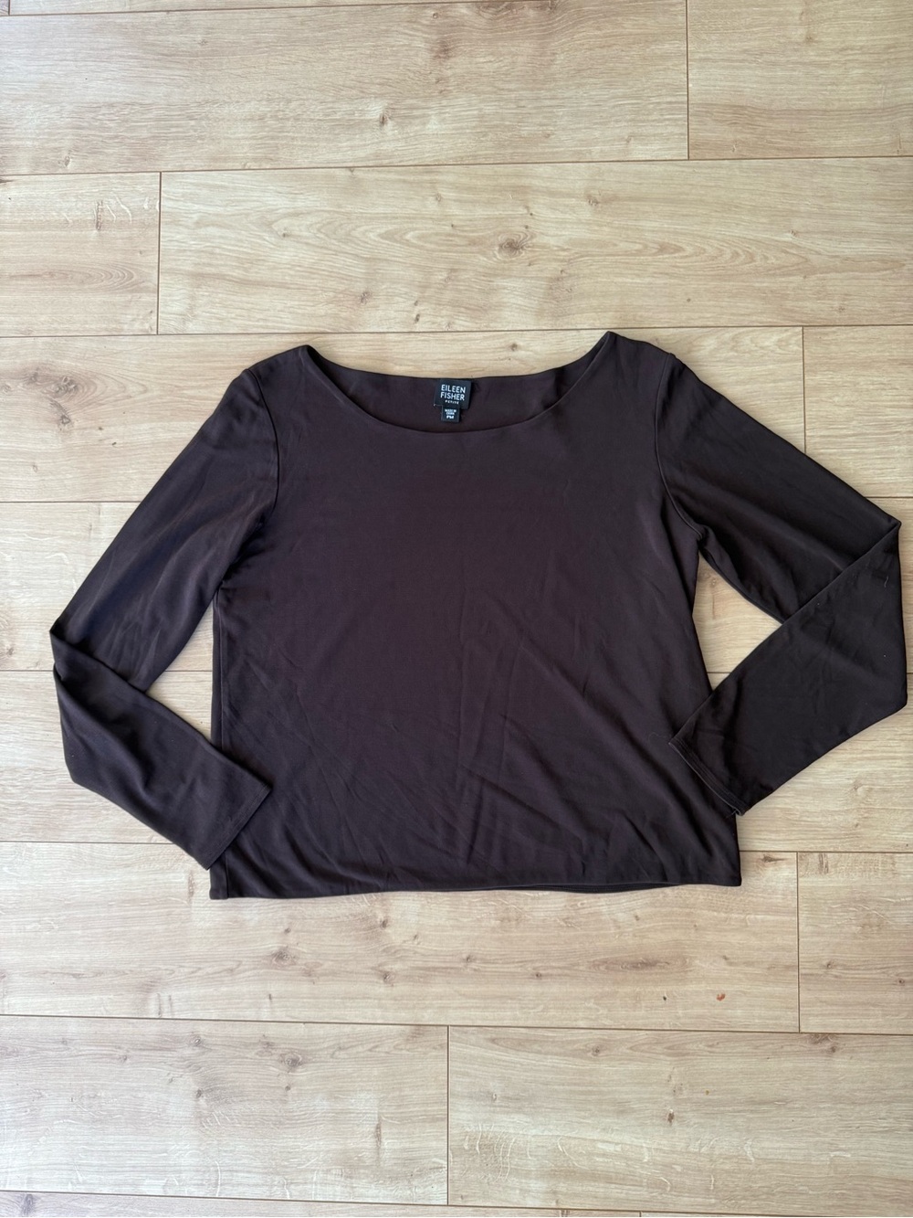 Eileen Fisher Brown 100% Silk Long Sleeve Scoop Neck Top Petite M
